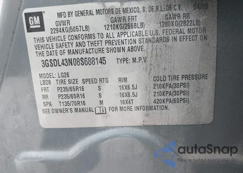 2008 Saturn Vue V6 Xe из США, поврежденный, VIN 3GSDL43N08S688145